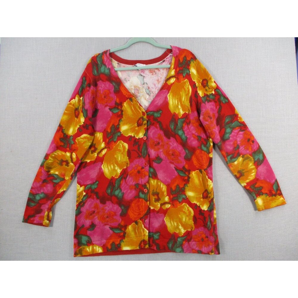 Isaac Mizrahi Live Floral Cardigan Large 100% Cotton Button-Up Lightweight Sweat